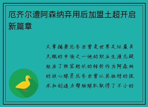 厄齐尔遭阿森纳弃用后加盟土超开启新篇章